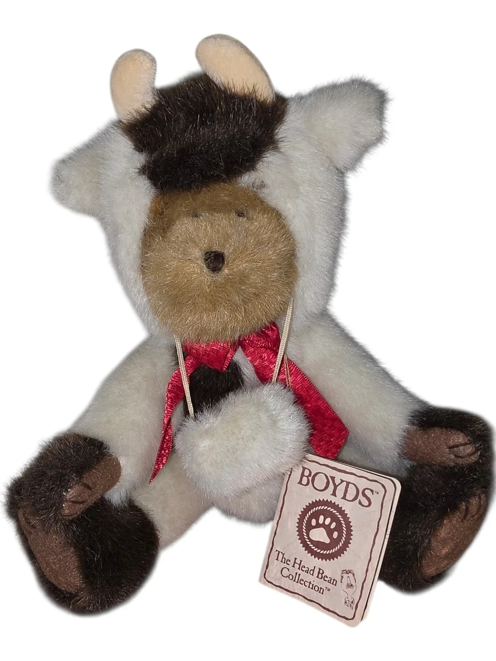 Boyds Bears Cream and Brown Plush Bear in Cow Costume with Red Bow